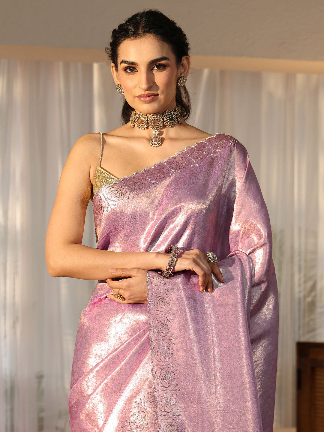  Lavender Silk Blend Saree with Embellished Border 