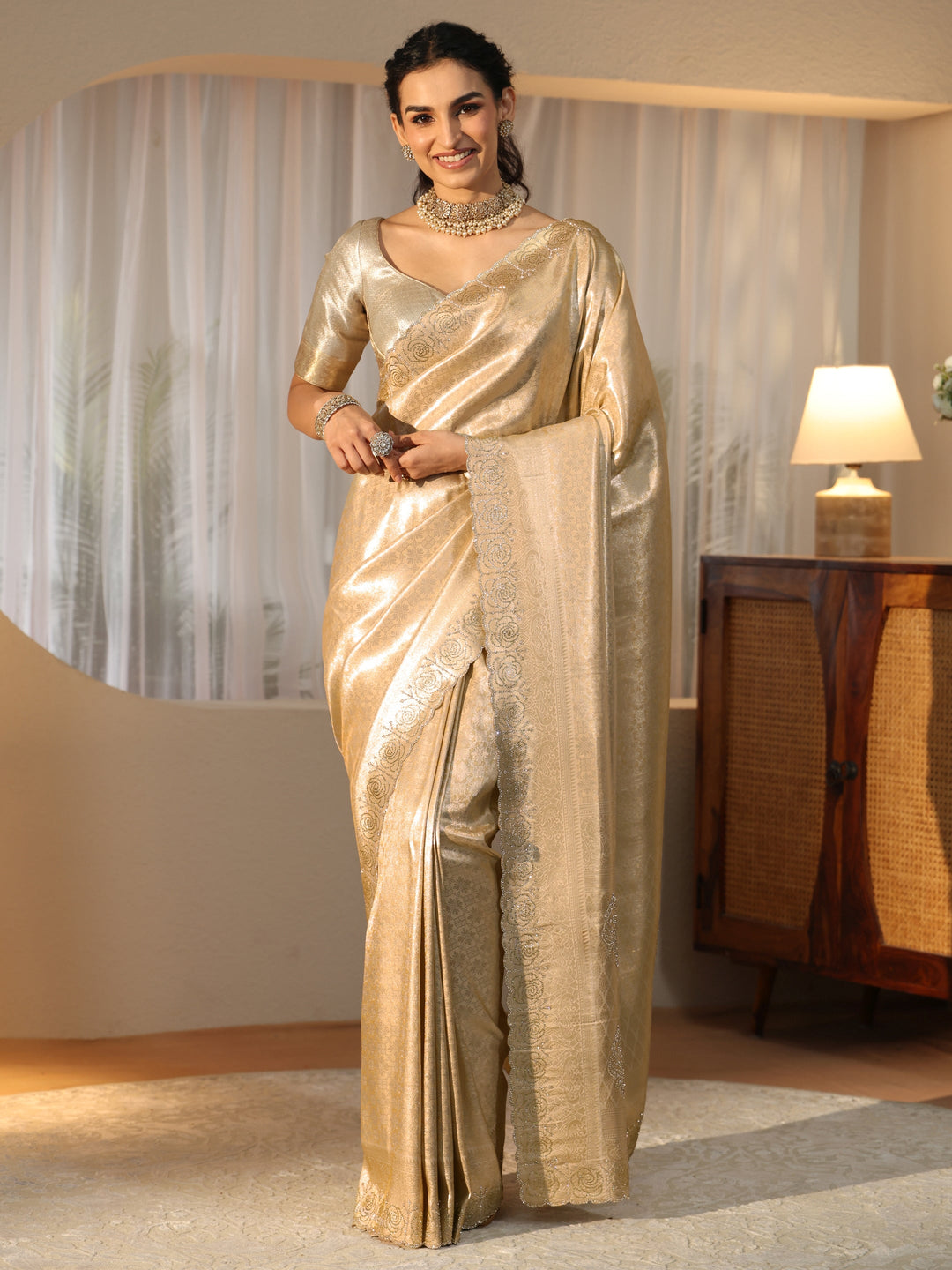  Gold Silk Blend Saree with Embellished Border 