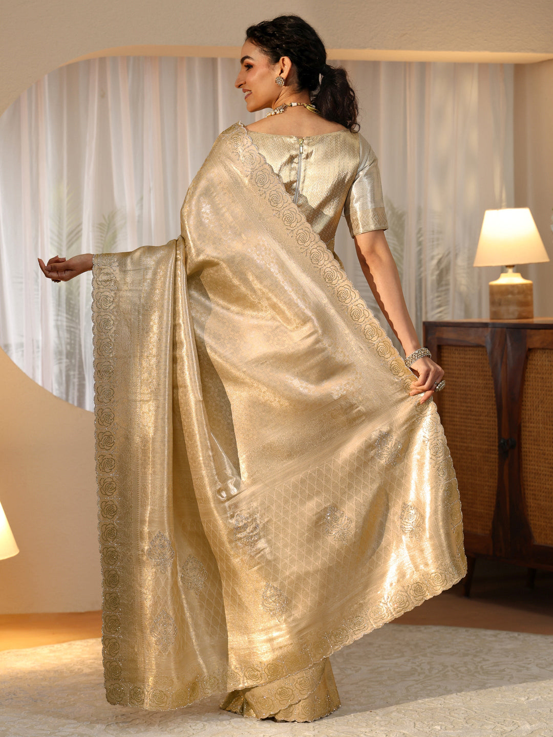  Gold Silk Blend Saree with Embellished Border 