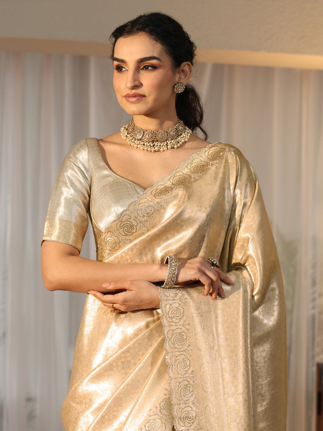  Gold Silk Blend Saree with Embellished Border 