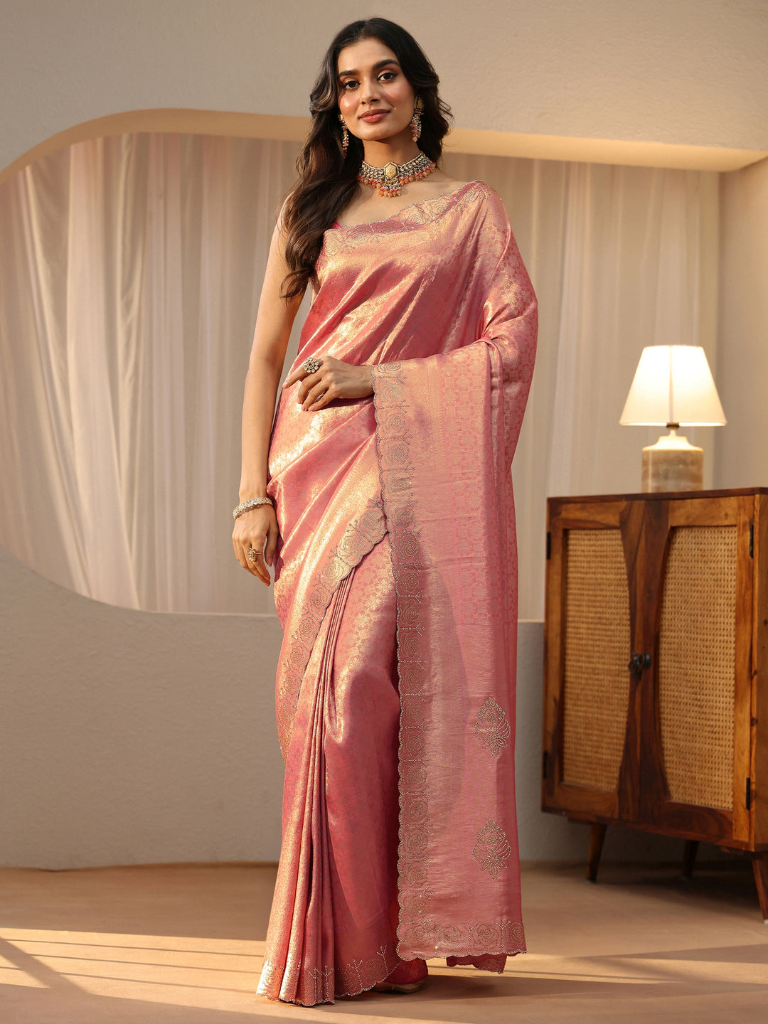  Peach Silk Blend Saree with Embellished Border 