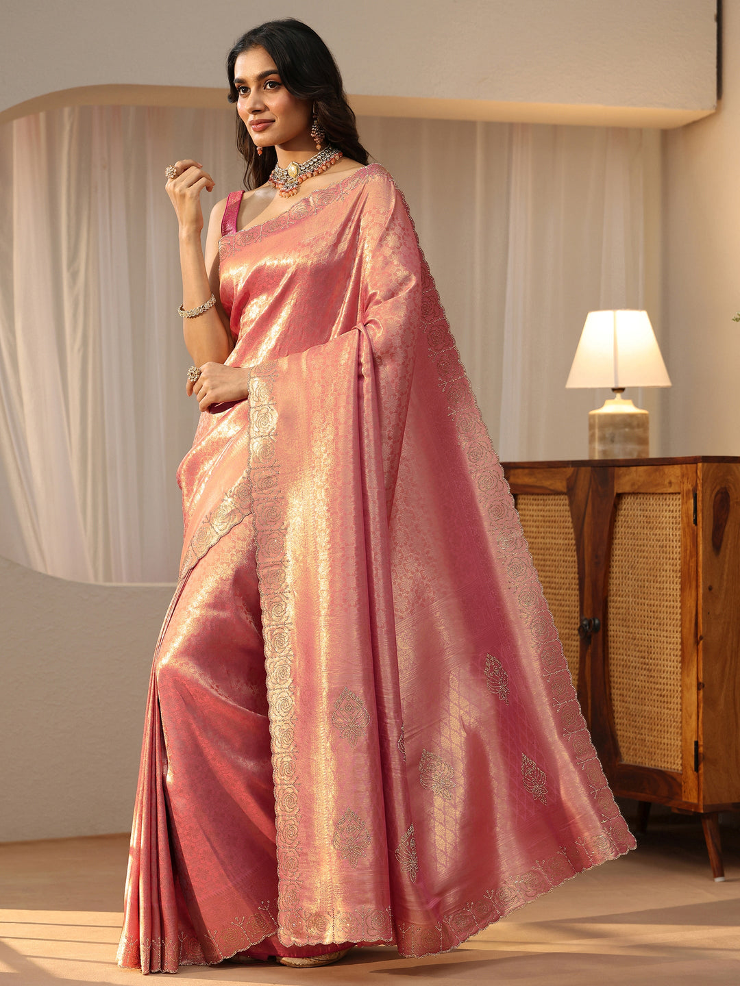  Peach Silk Blend Saree with Embellished Border 