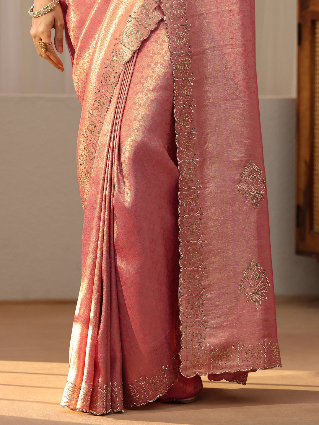  Peach Silk Blend Saree with Embellished Border 