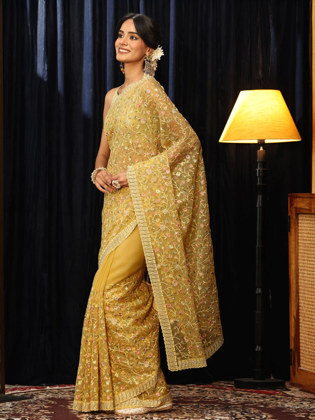  Libas Art Yellow Floral Embroidered Chiffon Saree 