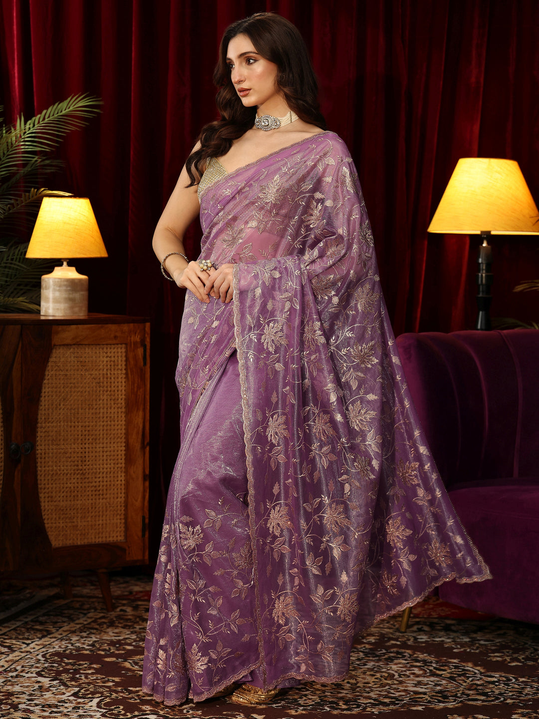  Amethyst Purple Floral Embellished Net Saree 