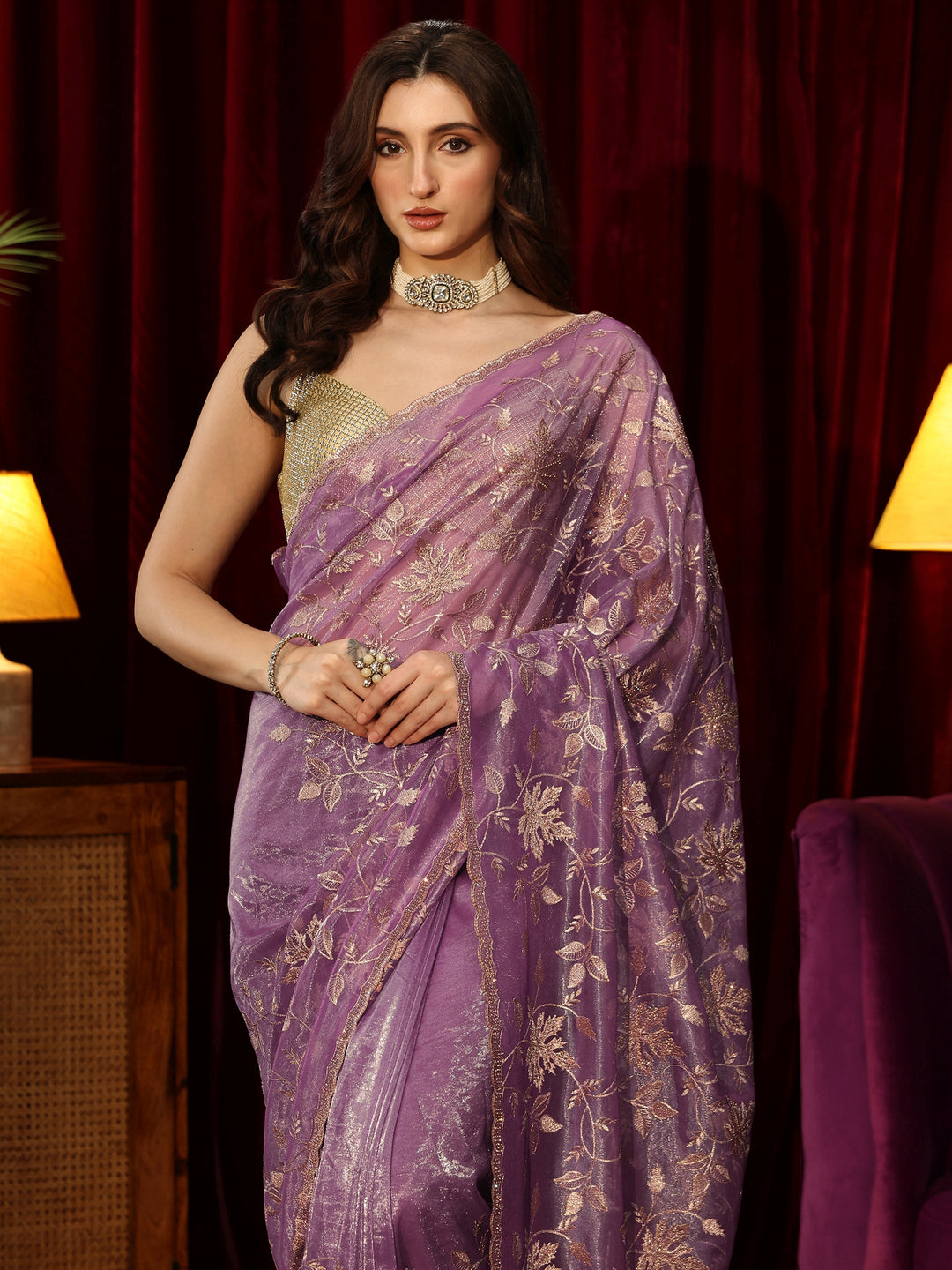  Amethyst Purple Floral Embellished Net Saree 
