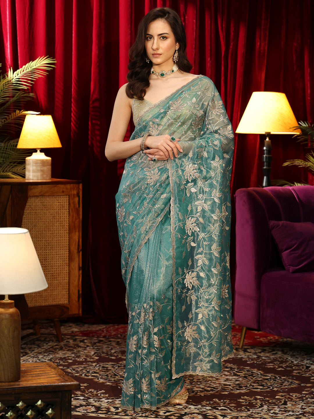  Sage Green Floral Embellished Net Saree 
