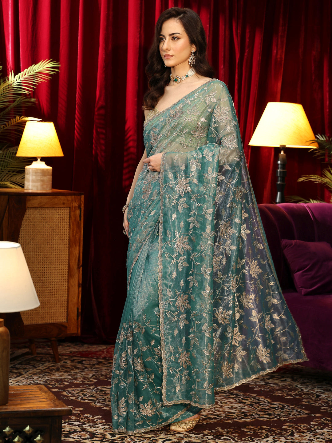  Sage Green Floral Embellished Net Saree 