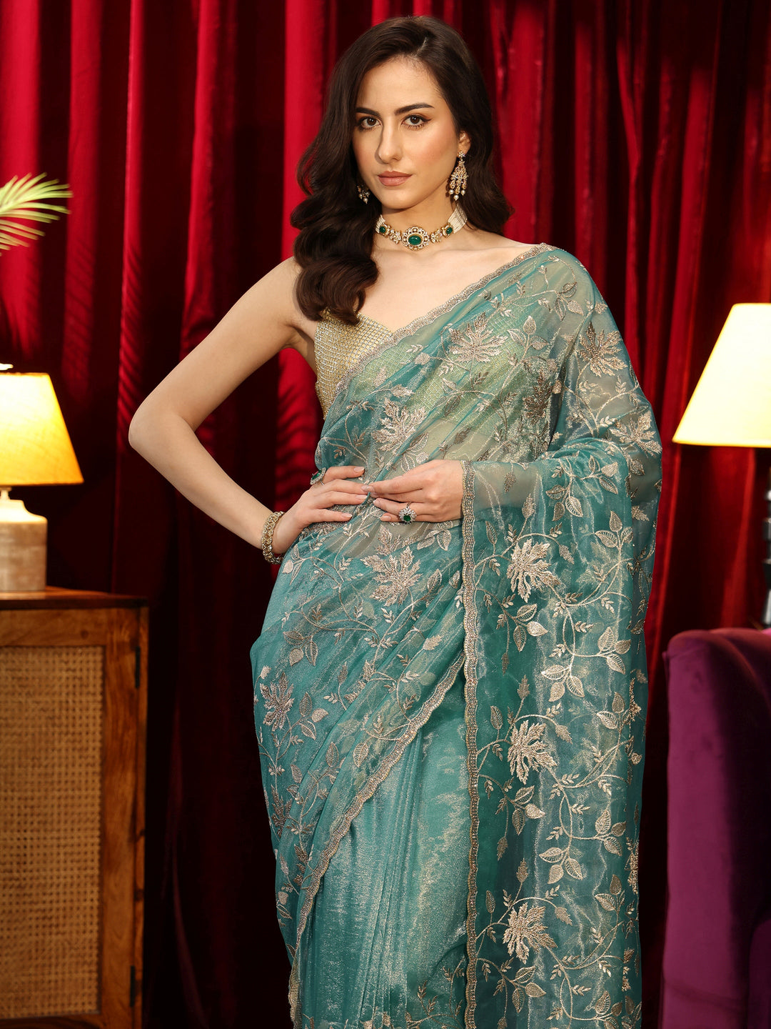  Sage Green Floral Embellished Net Saree 