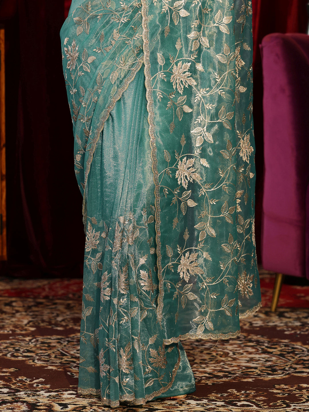 Sage Green Floral Embellished Net Saree 