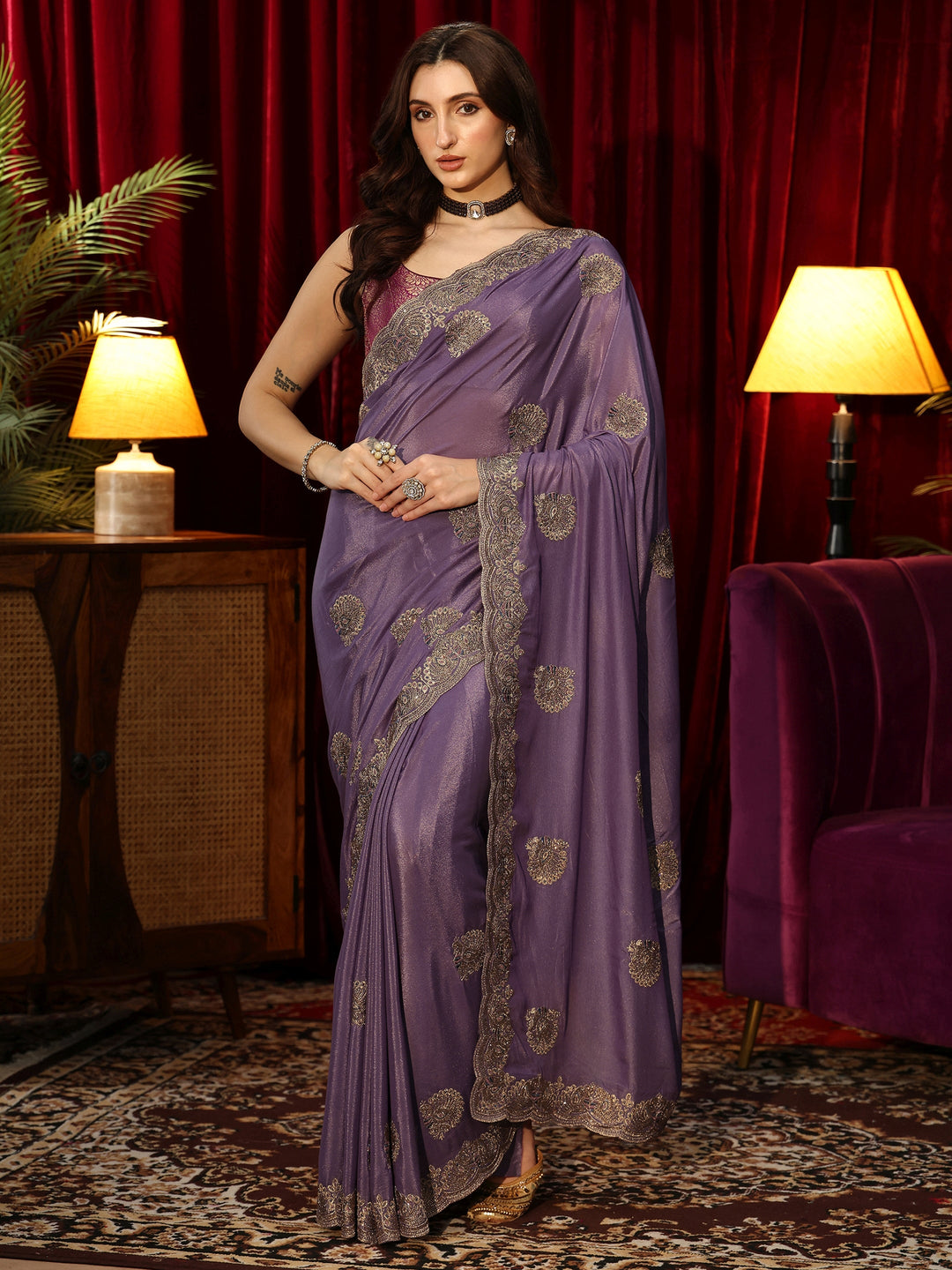  Purple Satin Saree with Peacock Motifs 