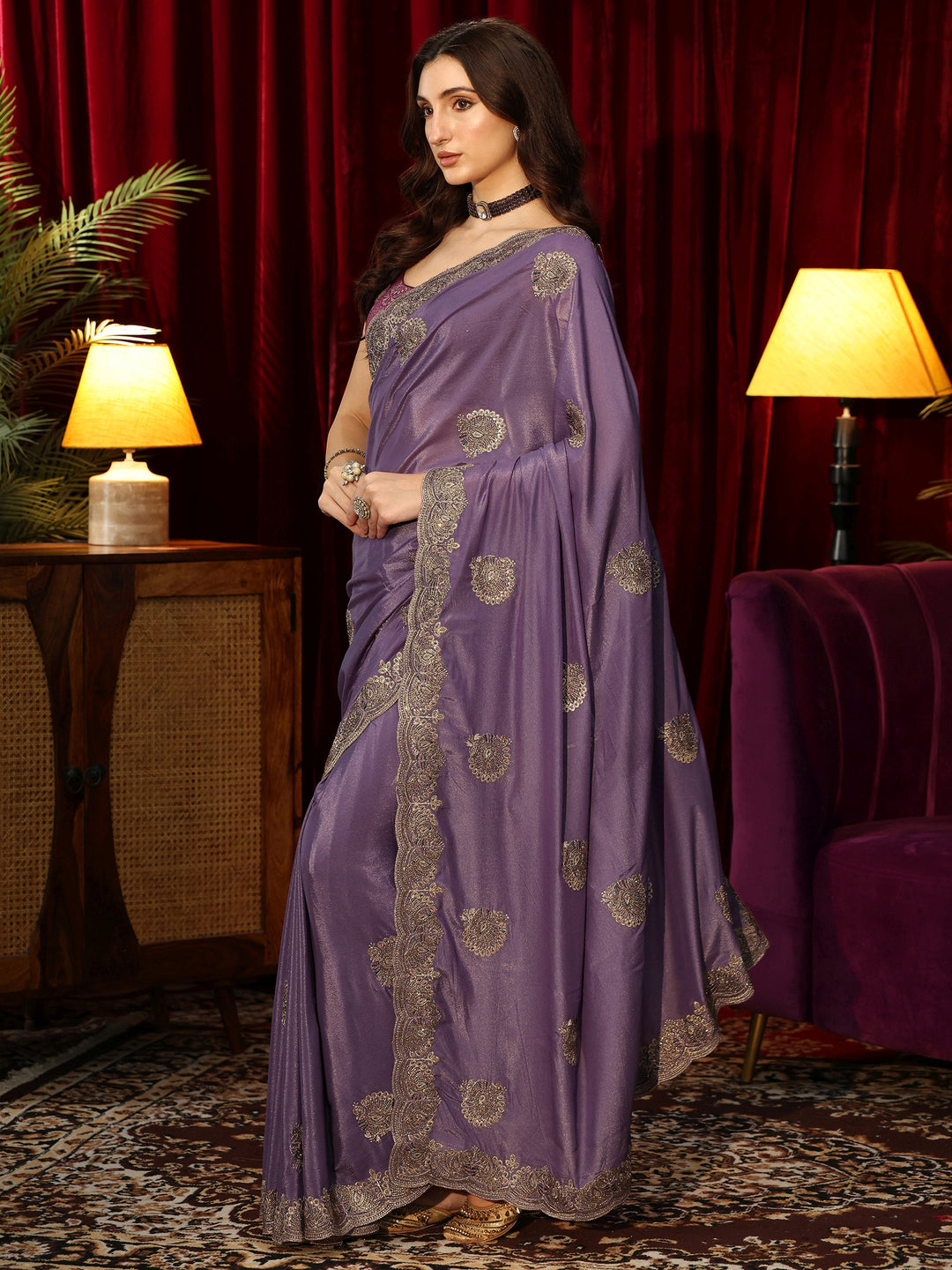  Purple Satin Saree with Peacock Motifs 