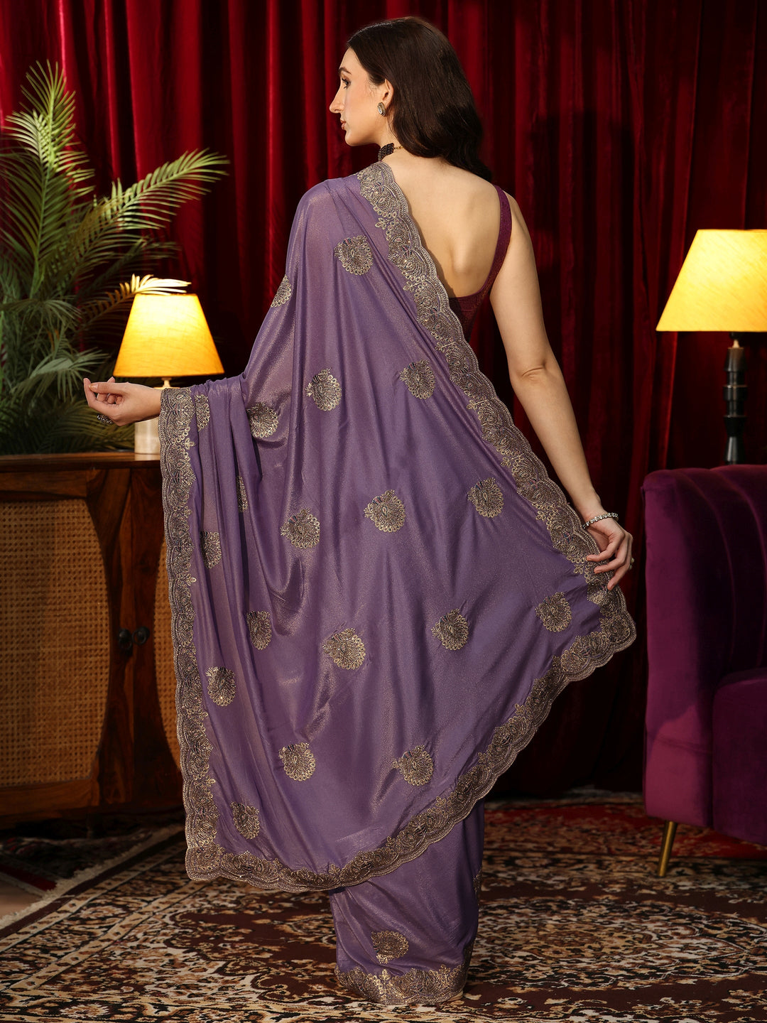  Purple Satin Saree with Peacock Motifs 
