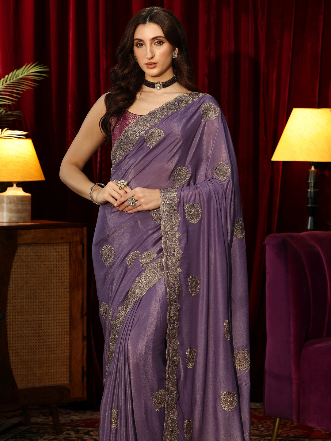  Purple Satin Saree with Peacock Motifs 