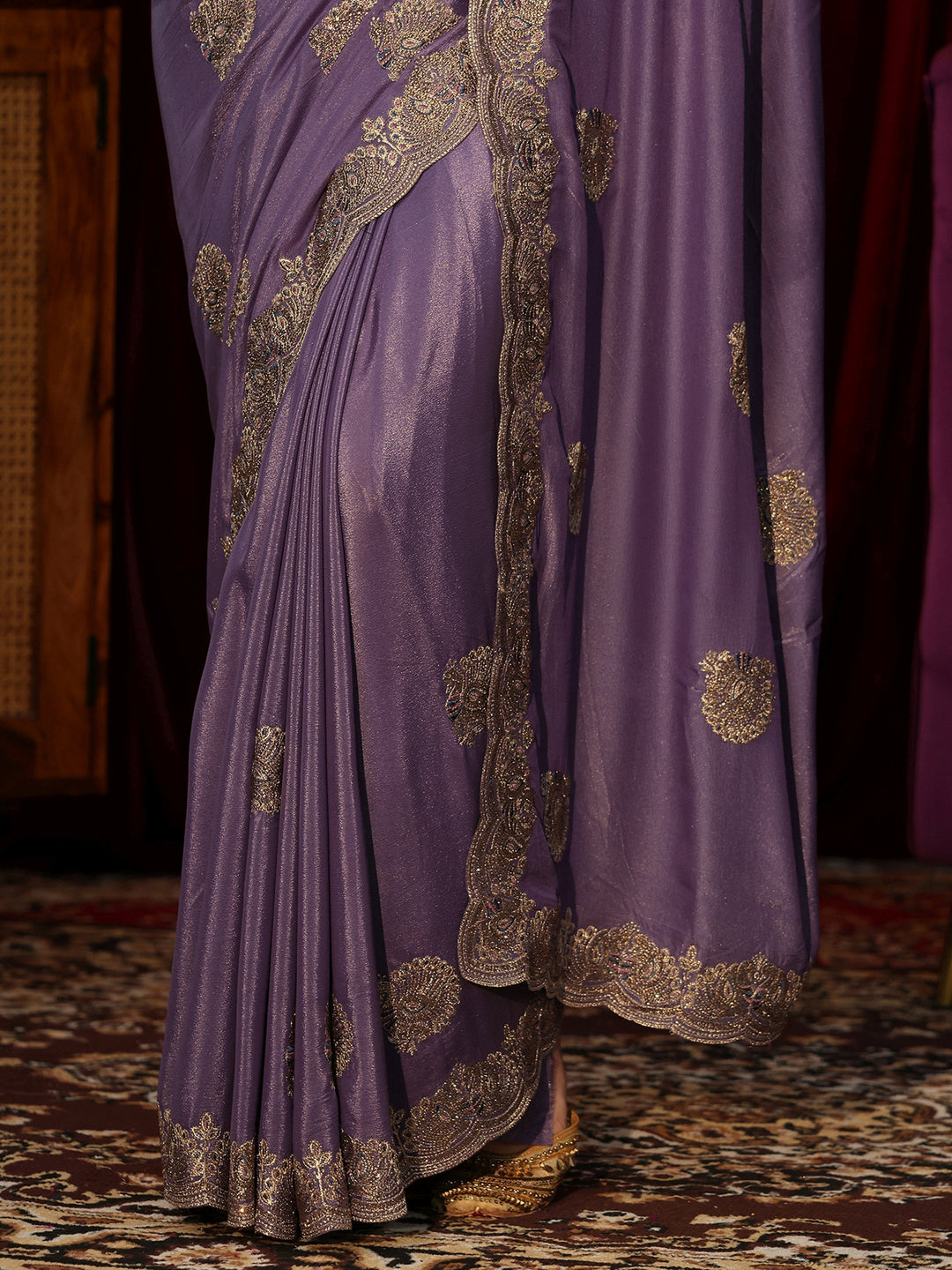  Purple Satin Saree with Peacock Motifs 