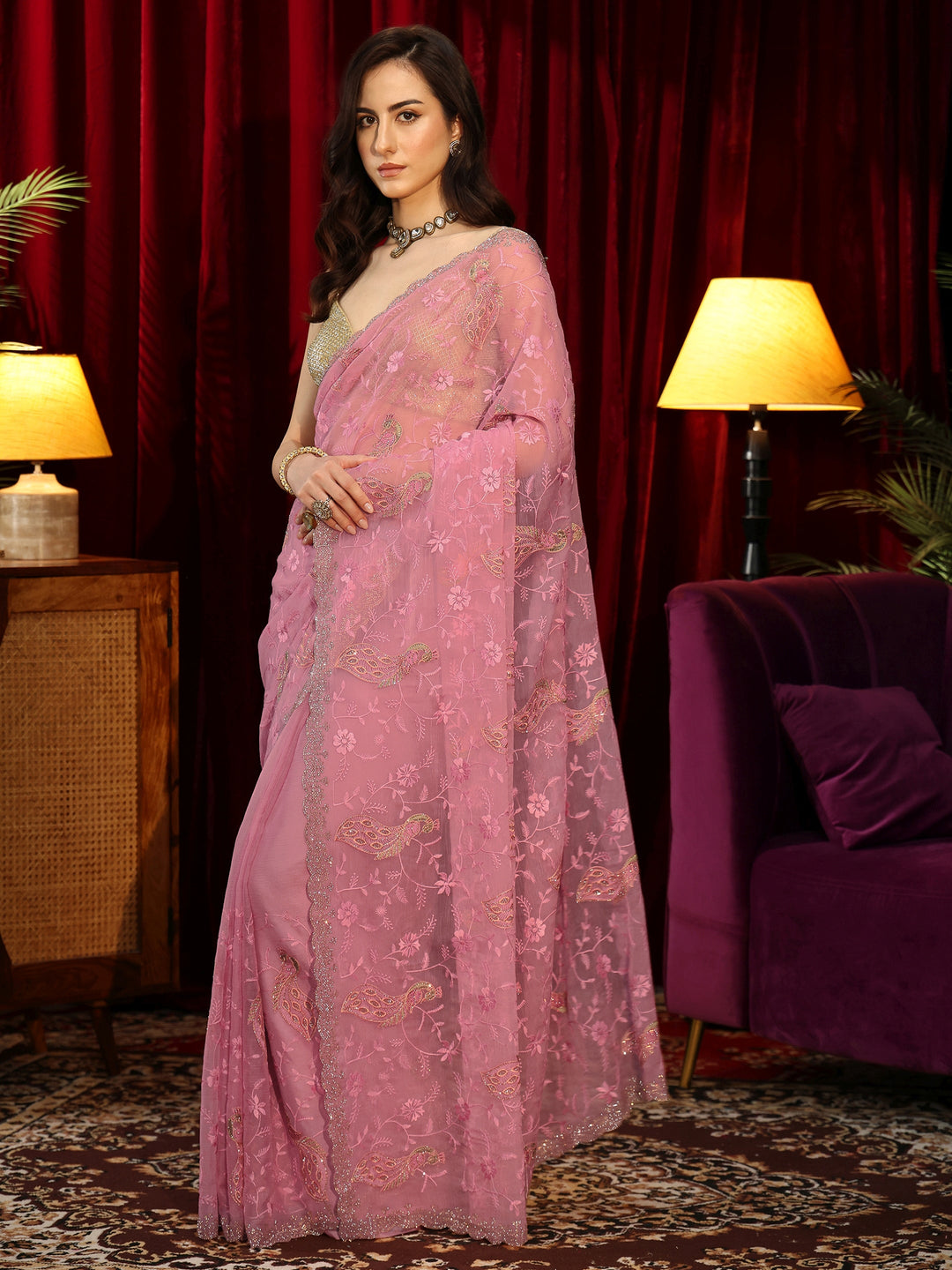  Blush Pink Peacock Embroidered Chiffon Saree 