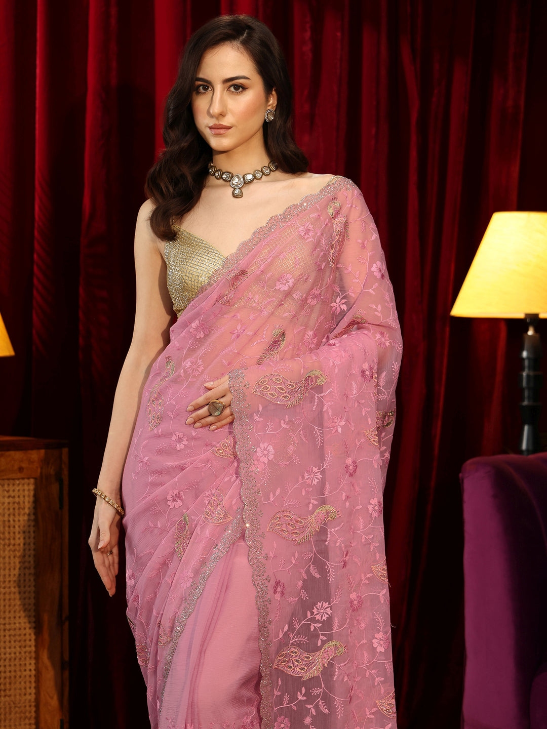  Blush Pink Peacock Embroidered Chiffon Saree 