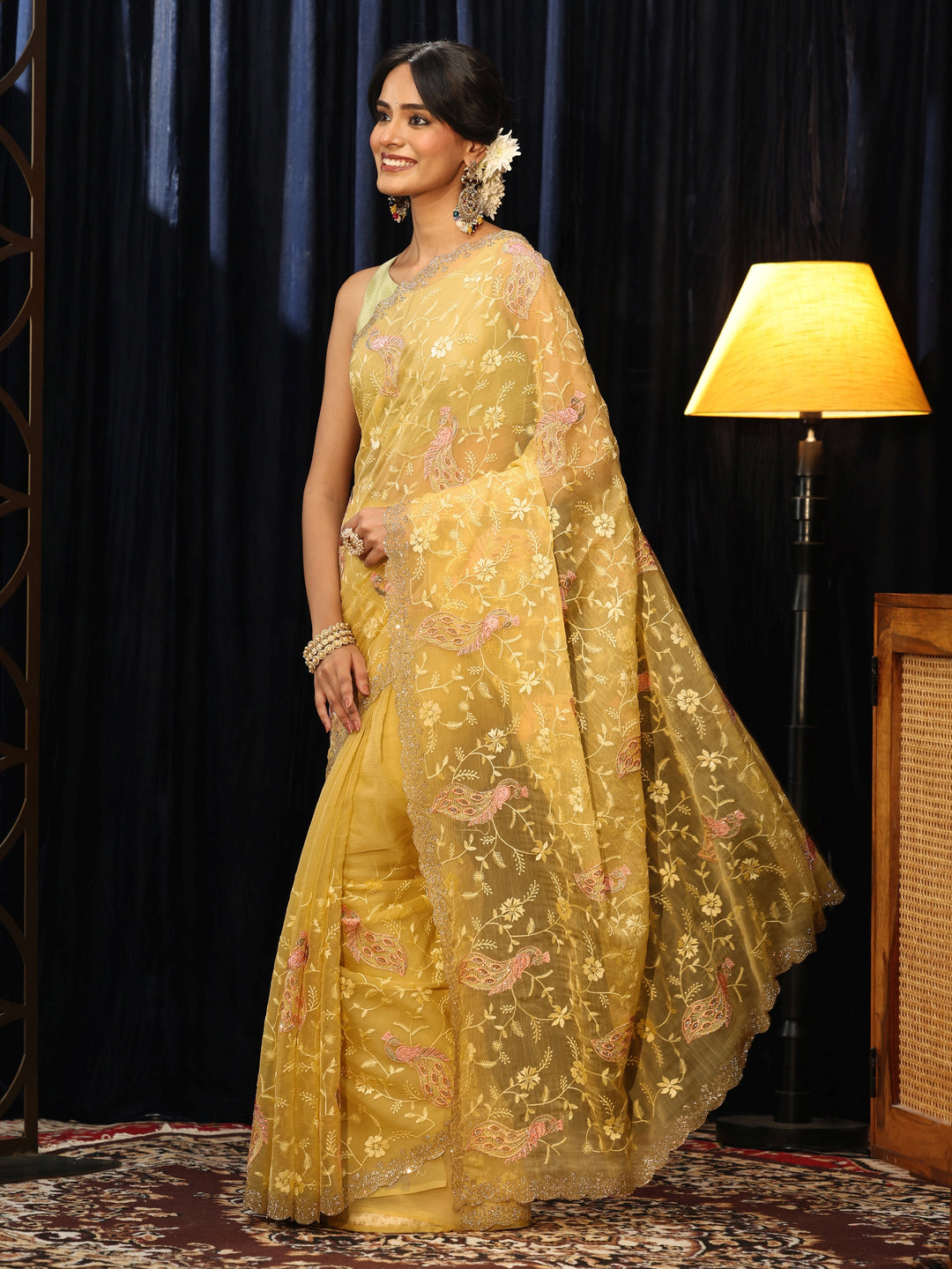  Sunshine Yellow Peacock Embroidered Chiffon Saree 
