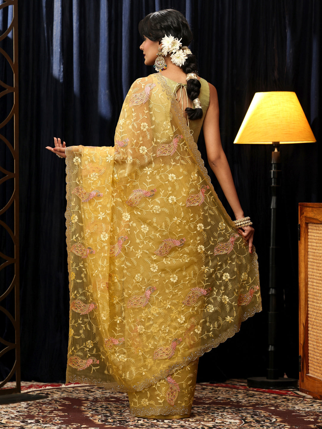  Sunshine Yellow Peacock Embroidered Chiffon Saree 
