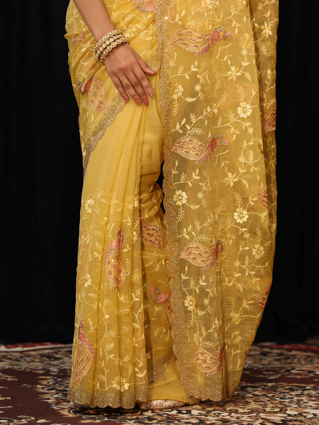  Sunshine Yellow Peacock Embroidered Chiffon Saree 