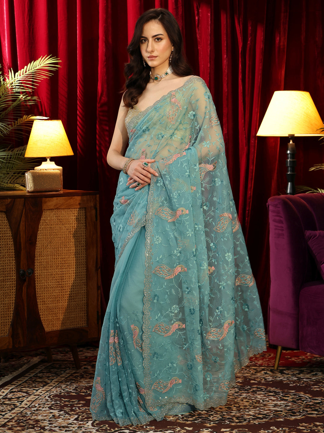  Cerulean Blue Peacock Embroidered Chiffon Saree 
