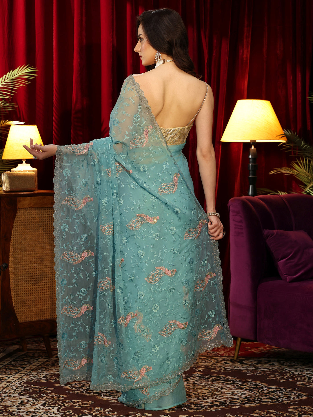 Cerulean Blue Peacock Embroidered Chiffon Saree 