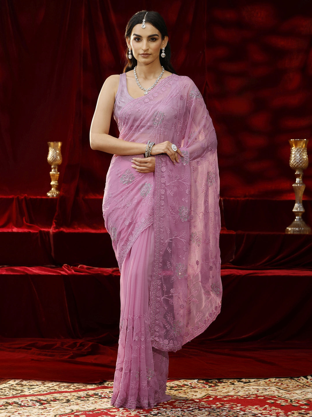  Libas Pink Floral Embroidered Chiffon Saree 