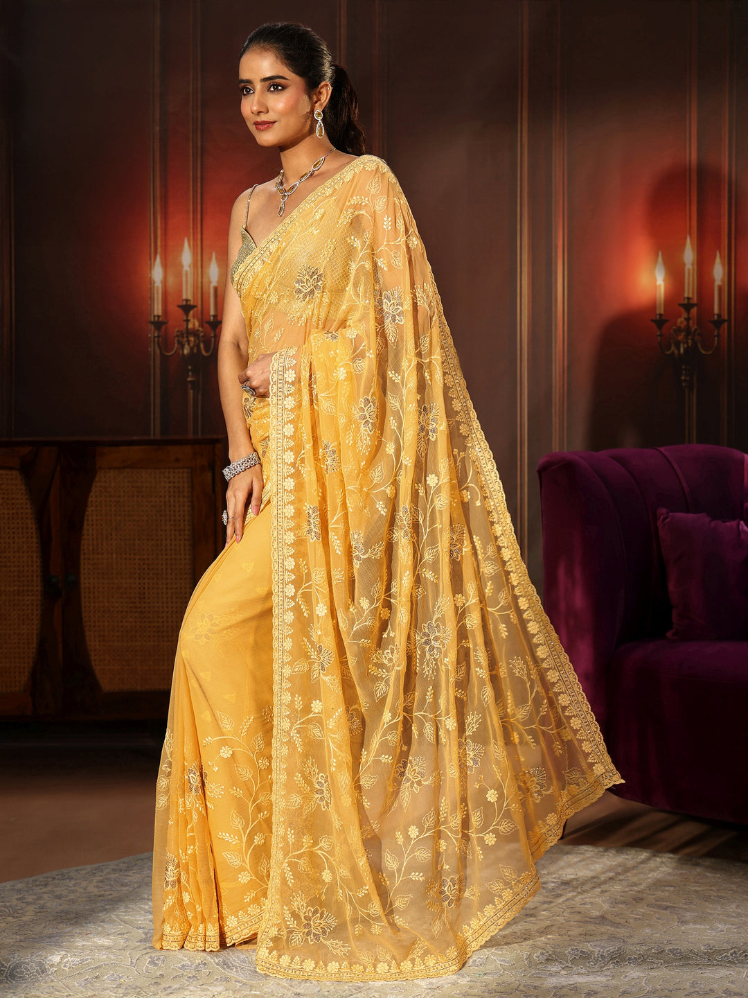  Libas Sunshine Yellow Floral Embroidered Chiffon Saree 