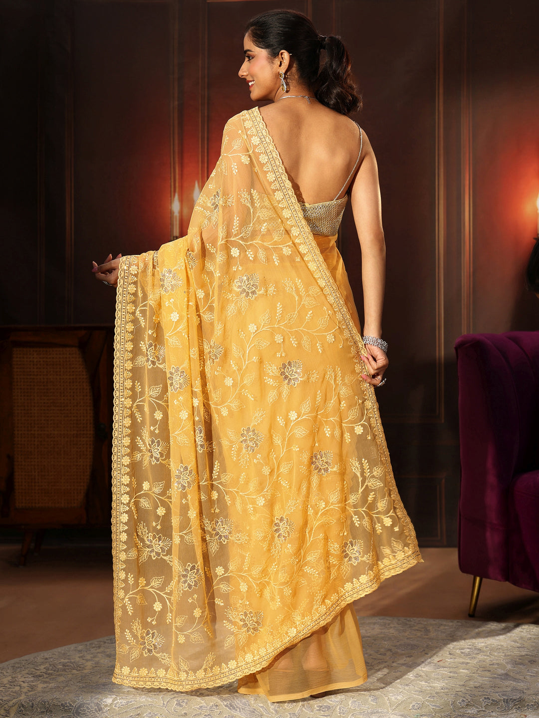 Libas Sunshine Yellow Floral Embroidered Chiffon Saree 