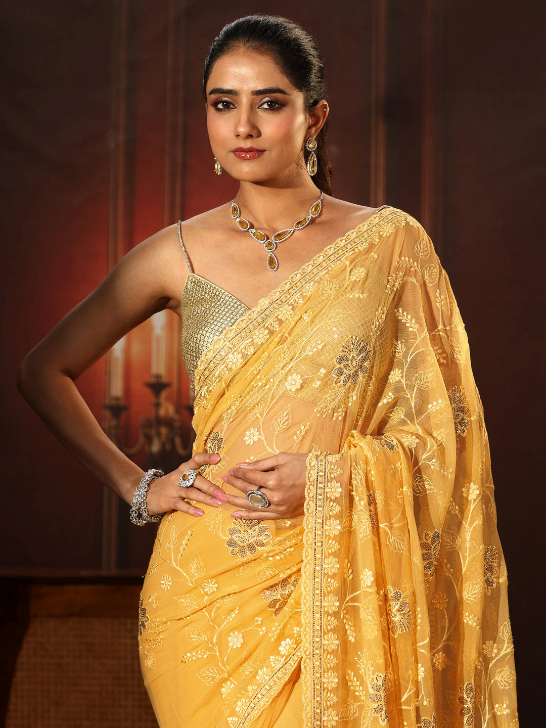  Libas Sunshine Yellow Floral Embroidered Chiffon Saree 