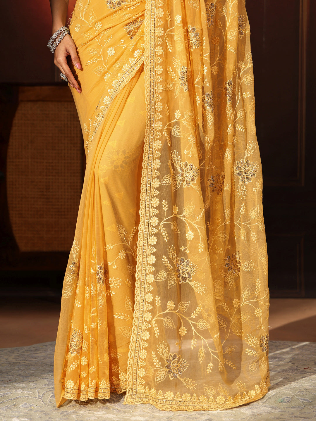  Libas Sunshine Yellow Floral Embroidered Chiffon Saree 