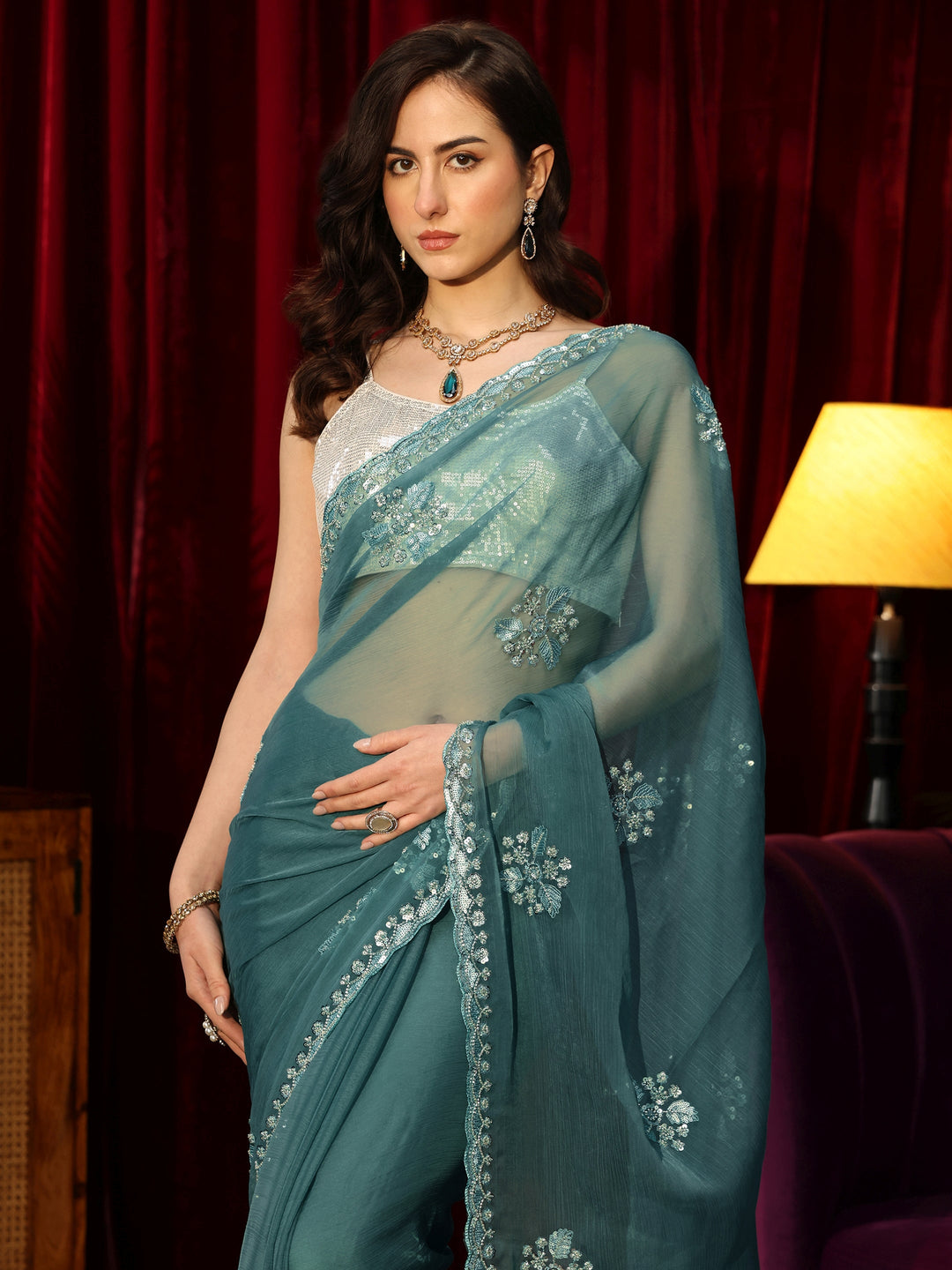  Teal Green Chiffon Saree with Embellished Floral Motifs 