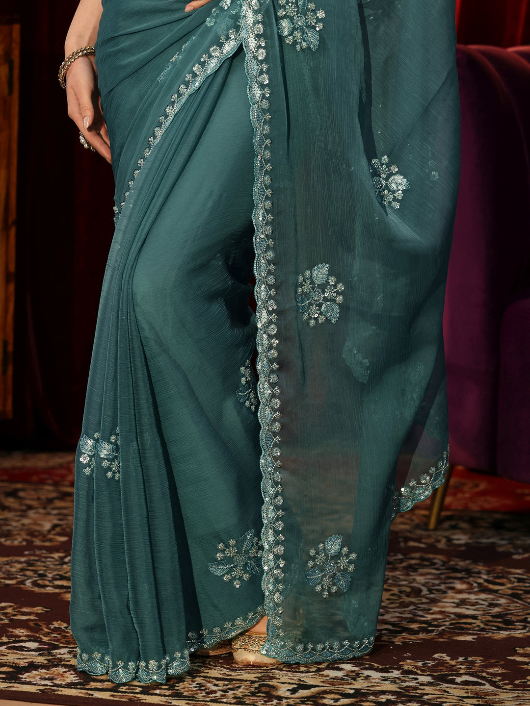  Teal Green Chiffon Saree with Embellished Floral Motifs 
