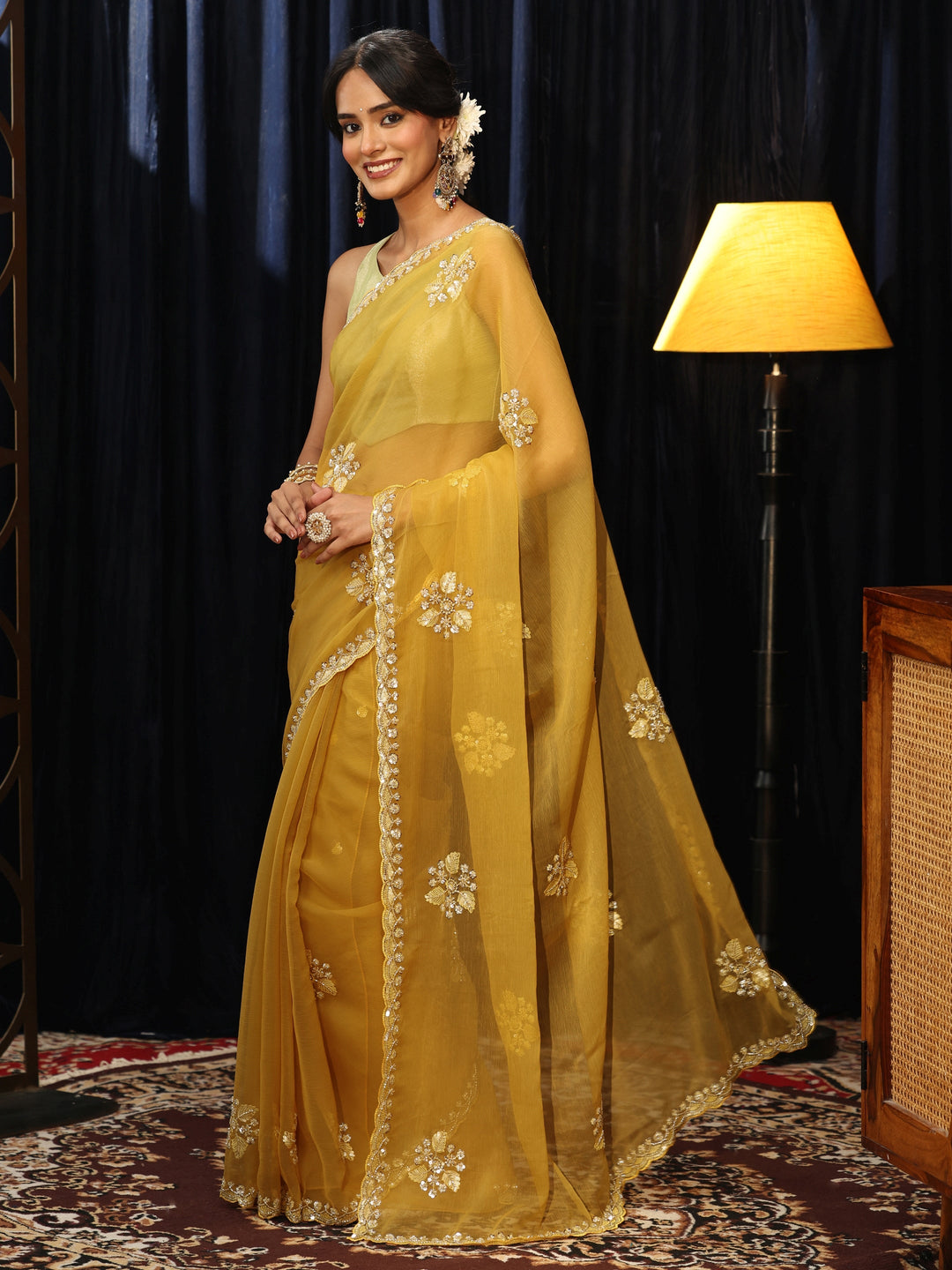  Mustard Chiffon Saree with Embellished Floral Motifs 