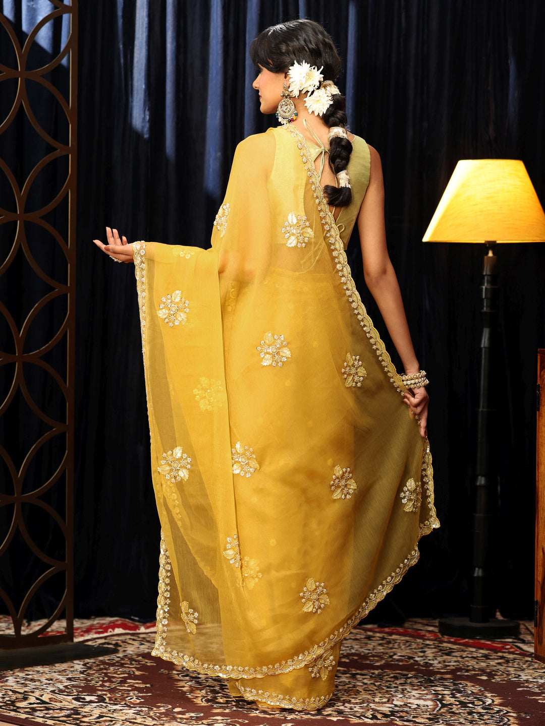  Mustard Chiffon Saree with Embellished Floral Motifs 