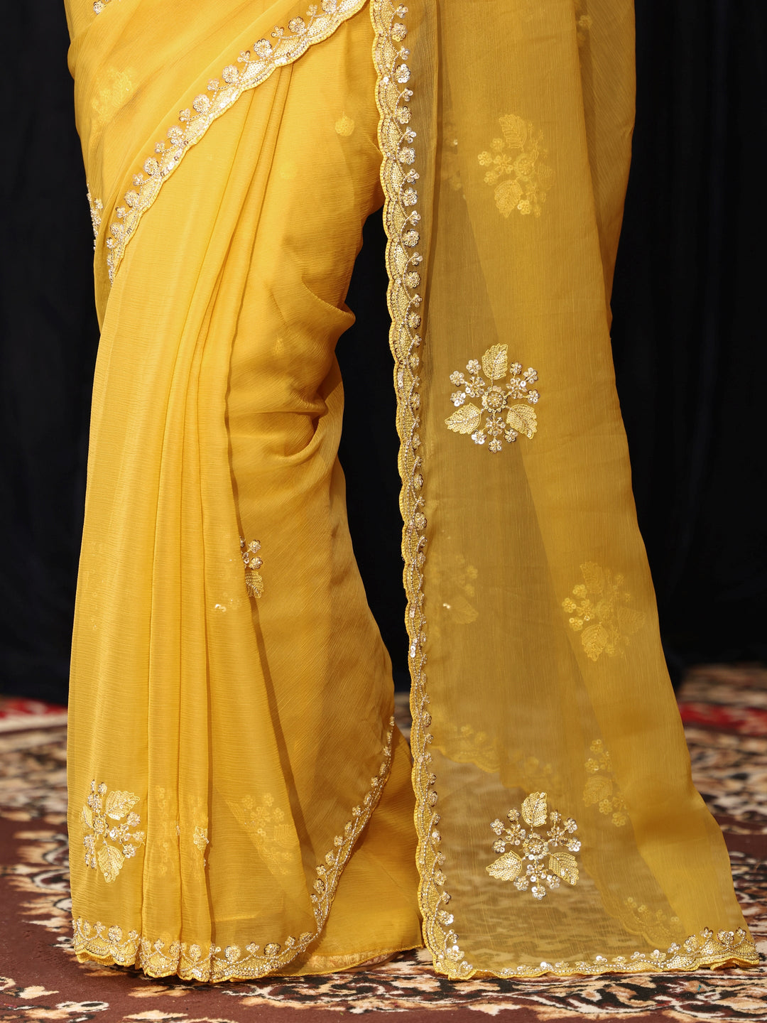  Mustard Chiffon Saree with Embellished Floral Motifs 