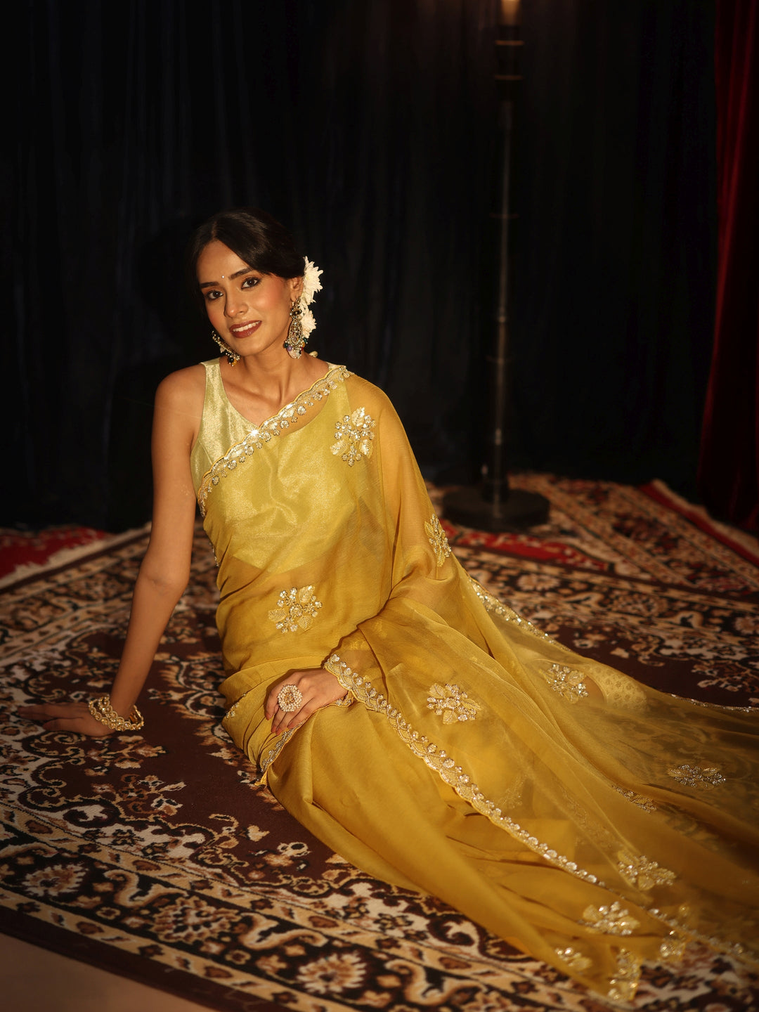  Mustard Chiffon Saree with Embellished Floral Motifs 