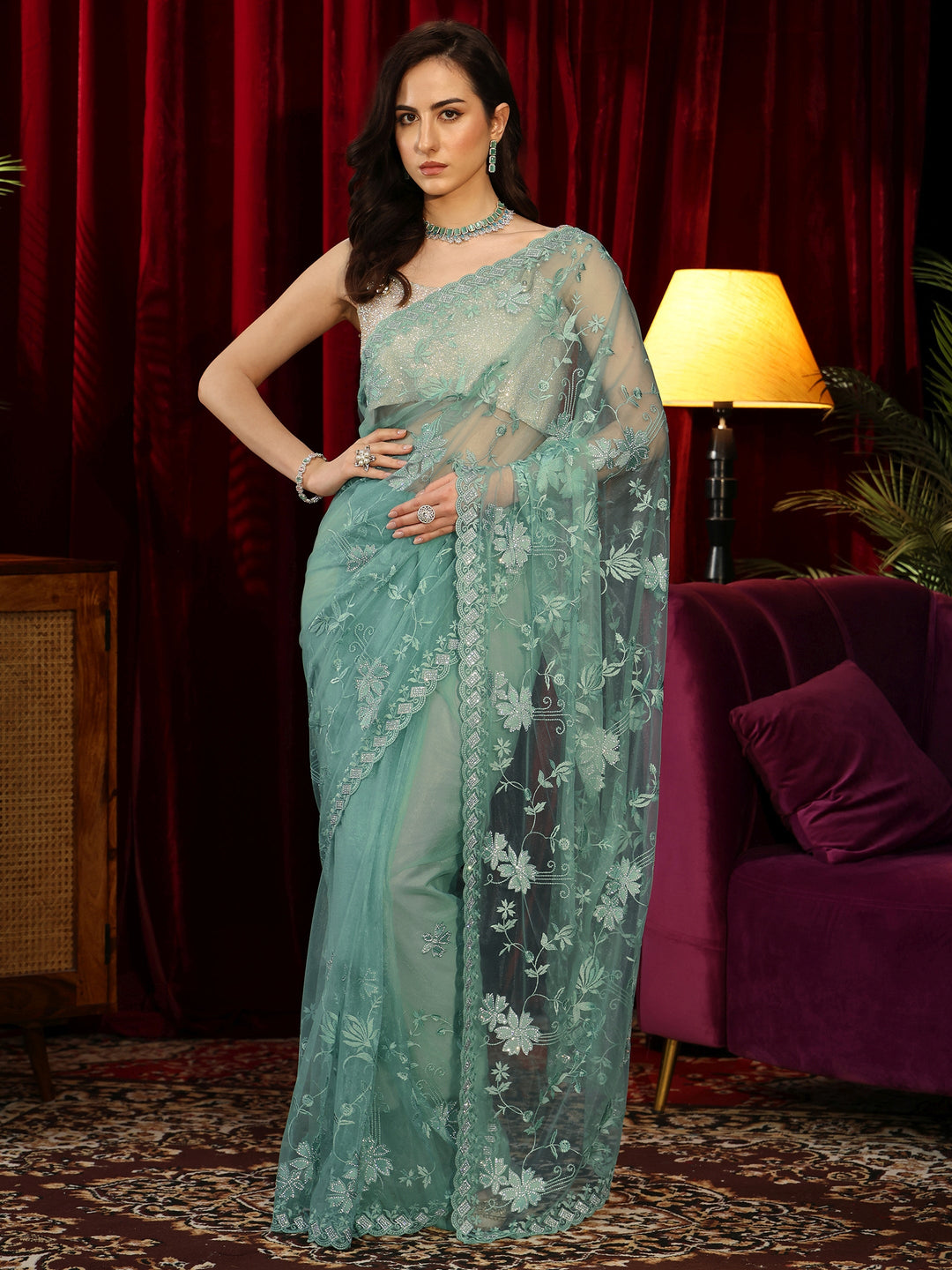  Sea Green Floral Embroidered Net Saree 