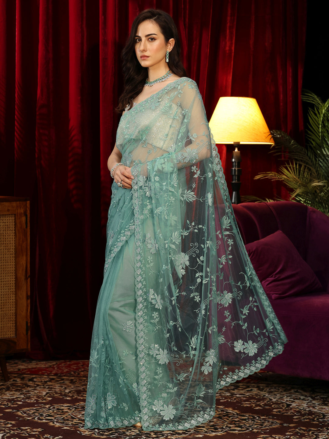  Sea Green Floral Embroidered Net Saree 