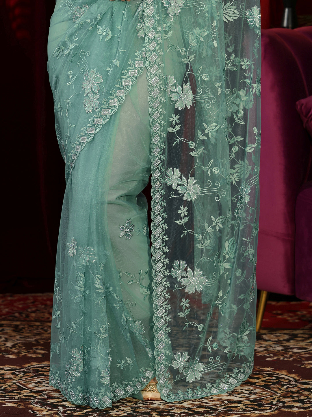  Sea Green Floral Embroidered Net Saree 