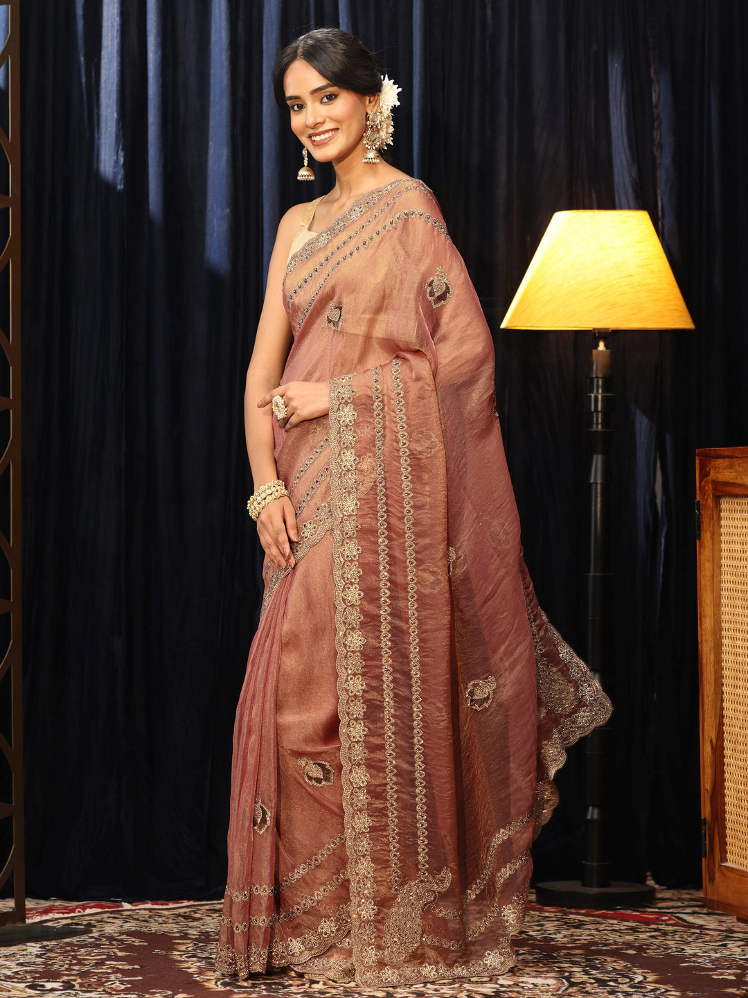  Peach Embellished Tissue Saree 