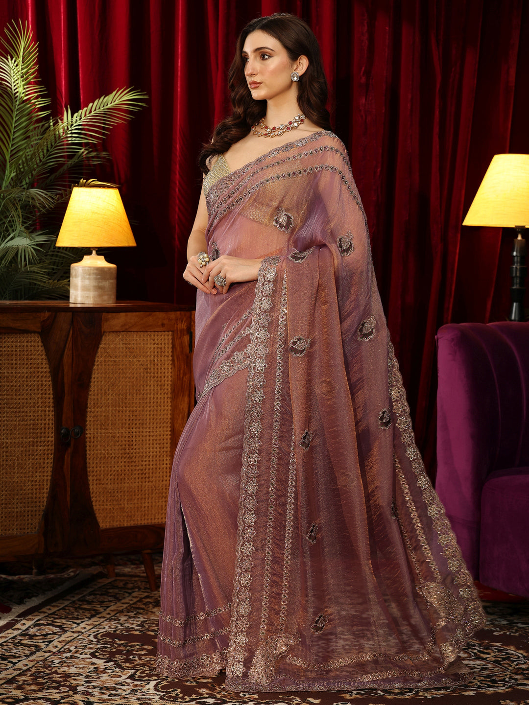  Lavender Embellished Tissue Saree 