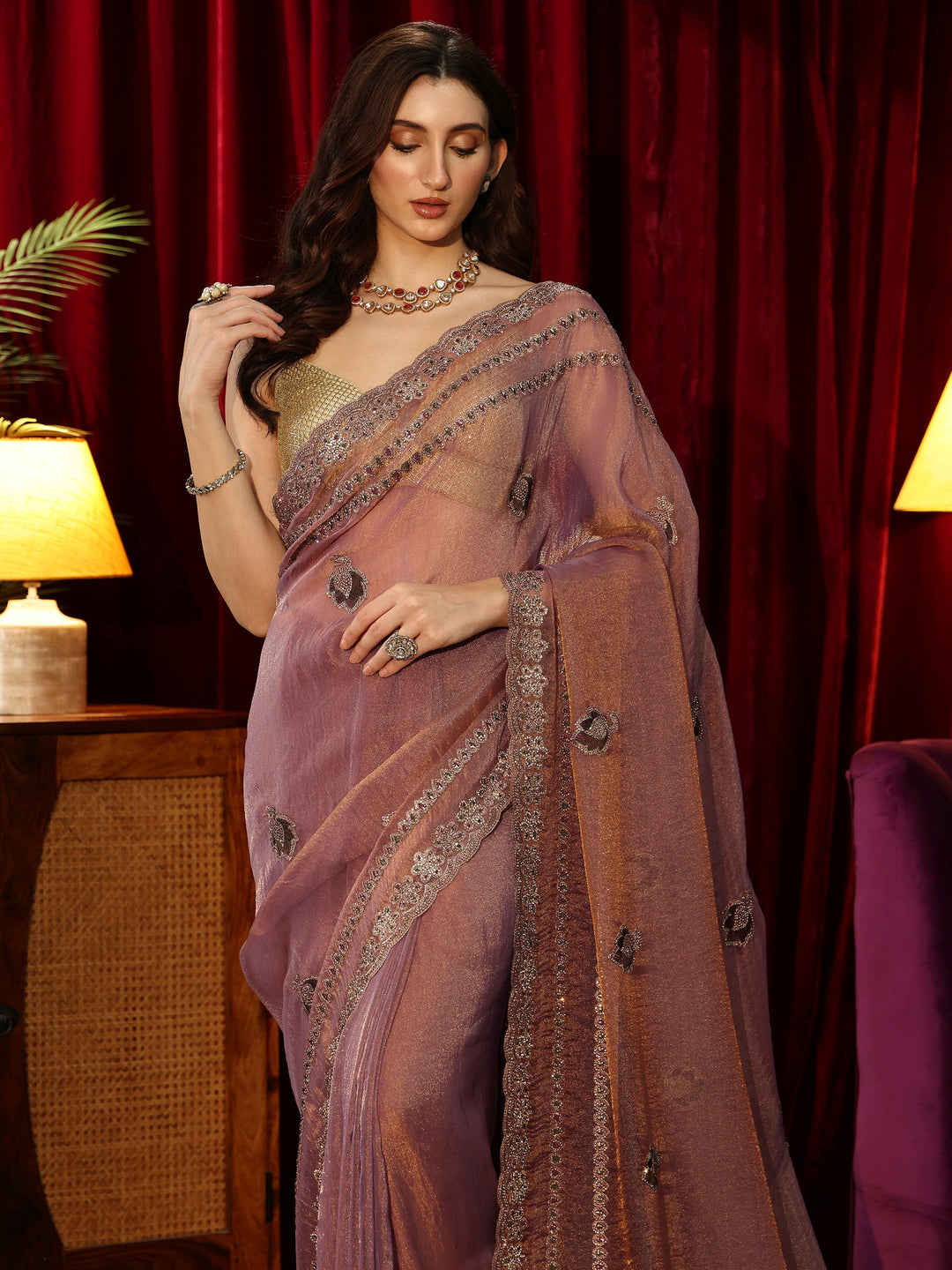 Lavender Embellished Tissue Saree 