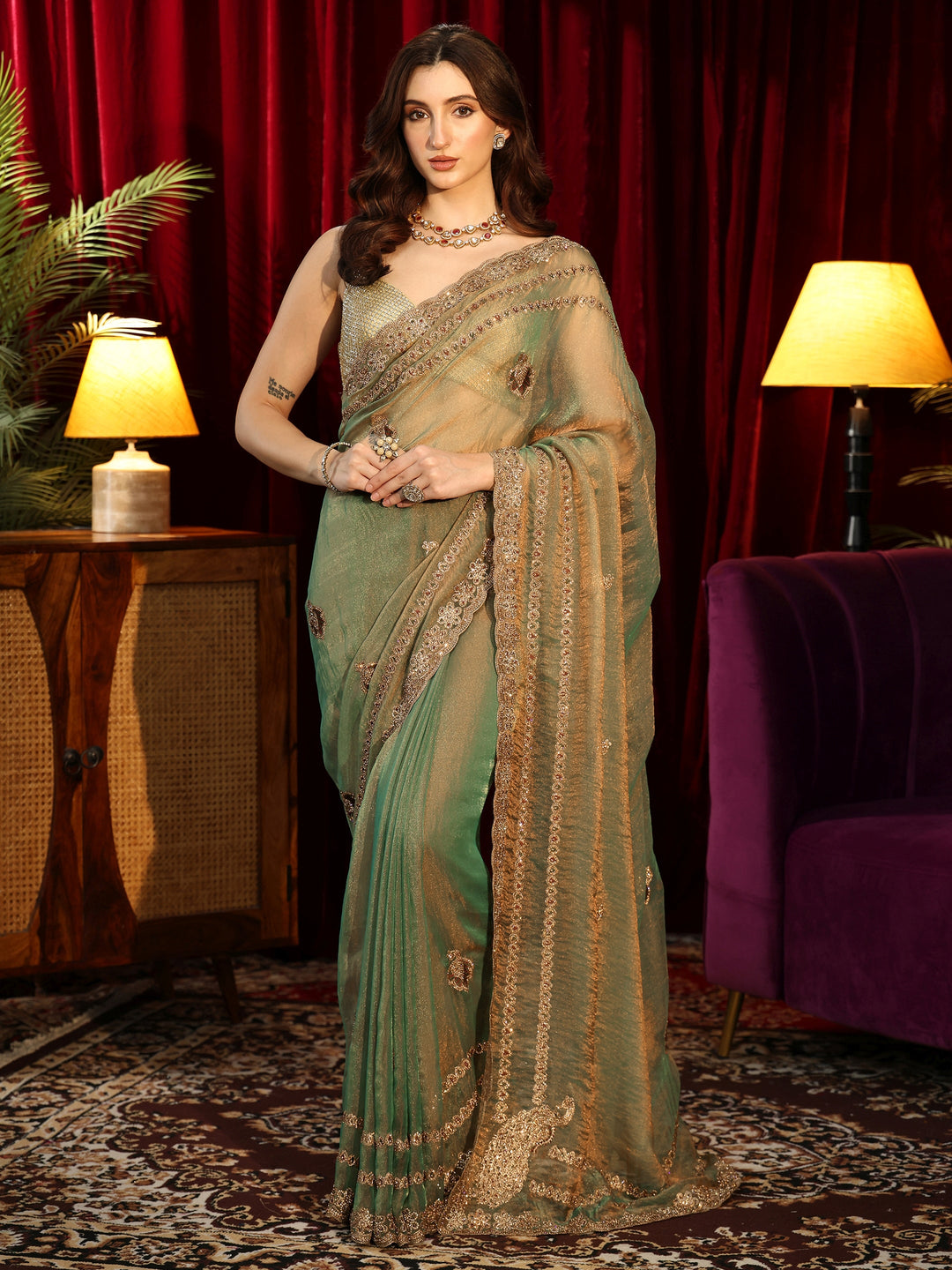  Fern Green Embellished Tissue Saree 