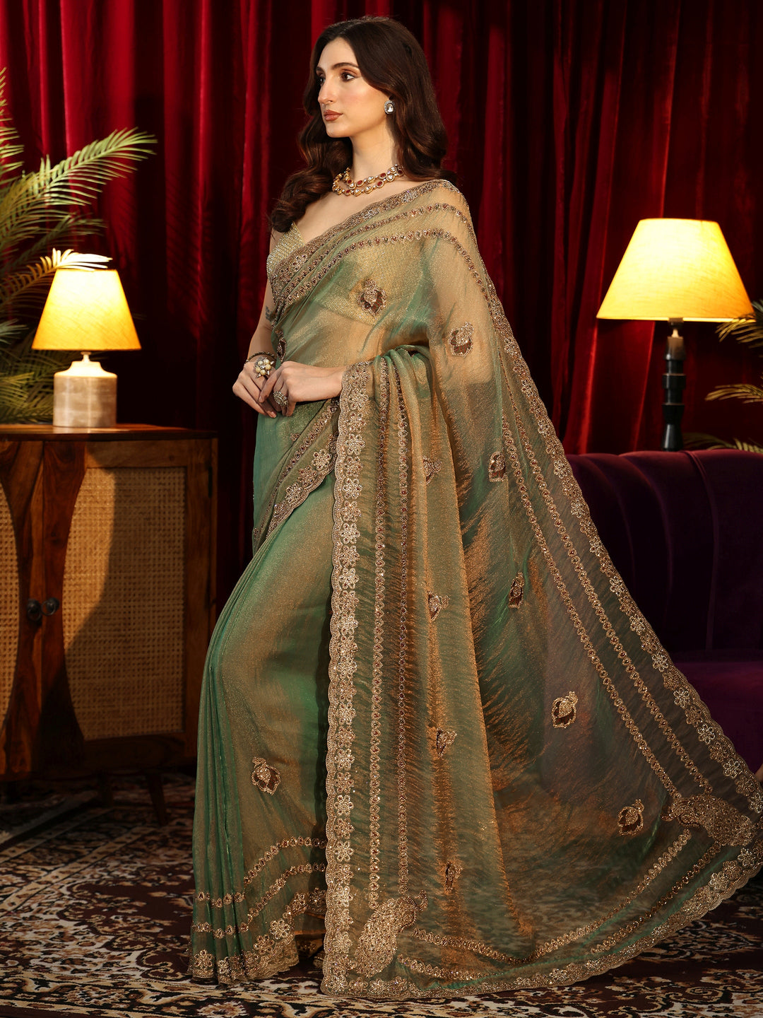  Fern Green Embellished Tissue Saree 