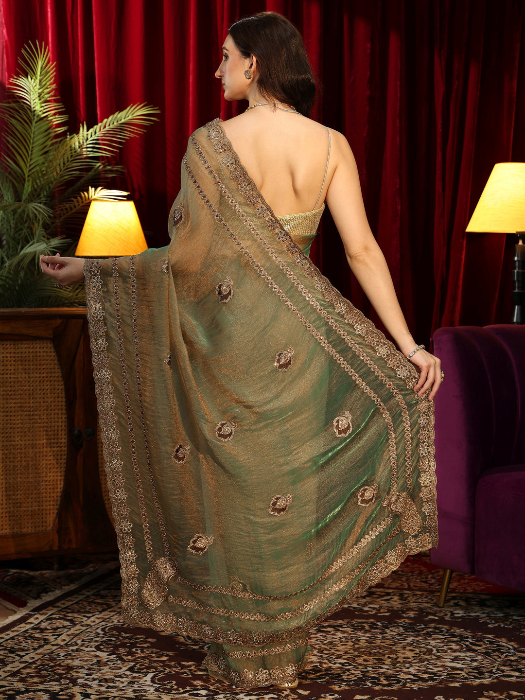  Fern Green Embellished Tissue Saree 