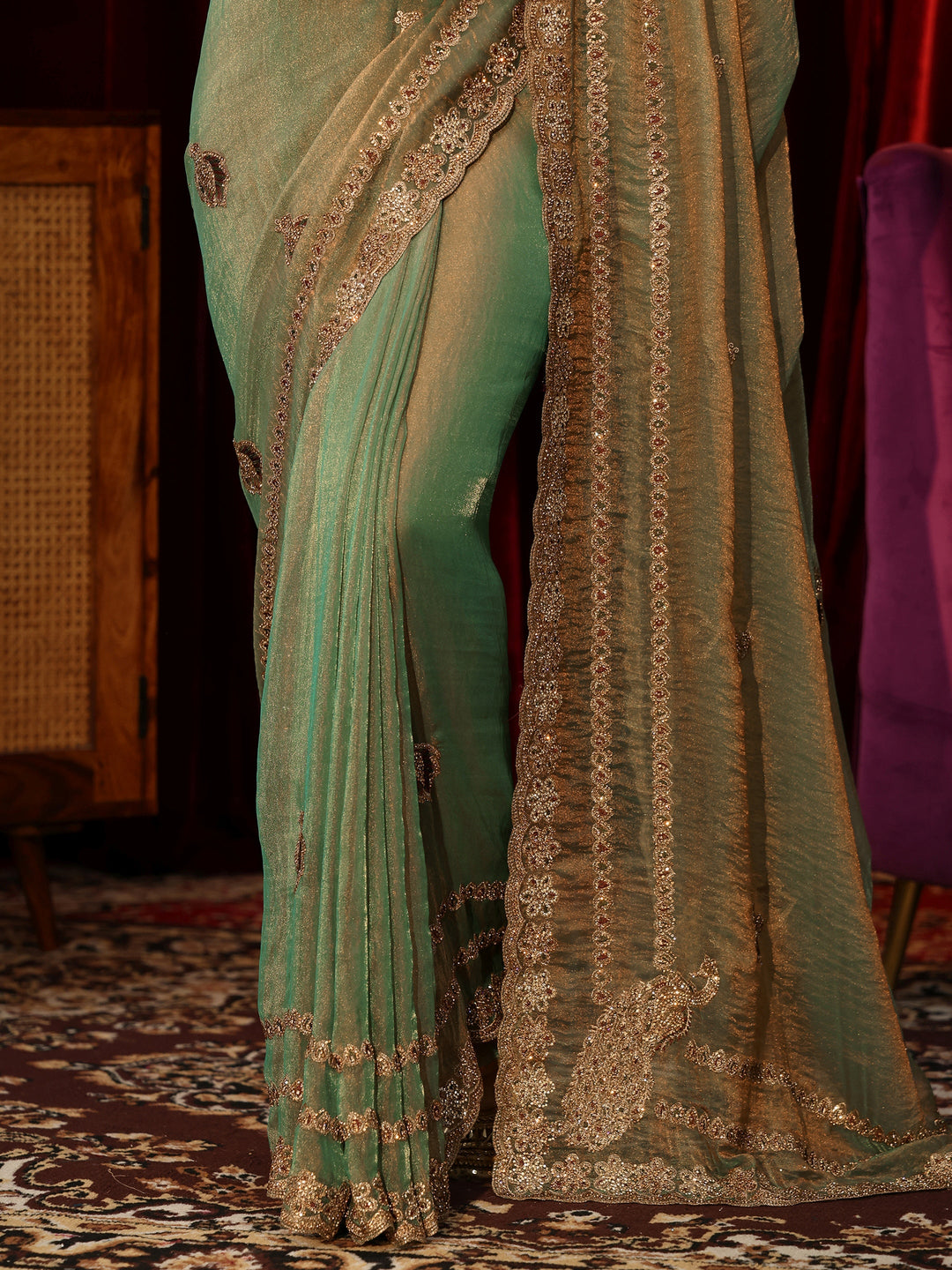  Fern Green Embellished Tissue Saree 