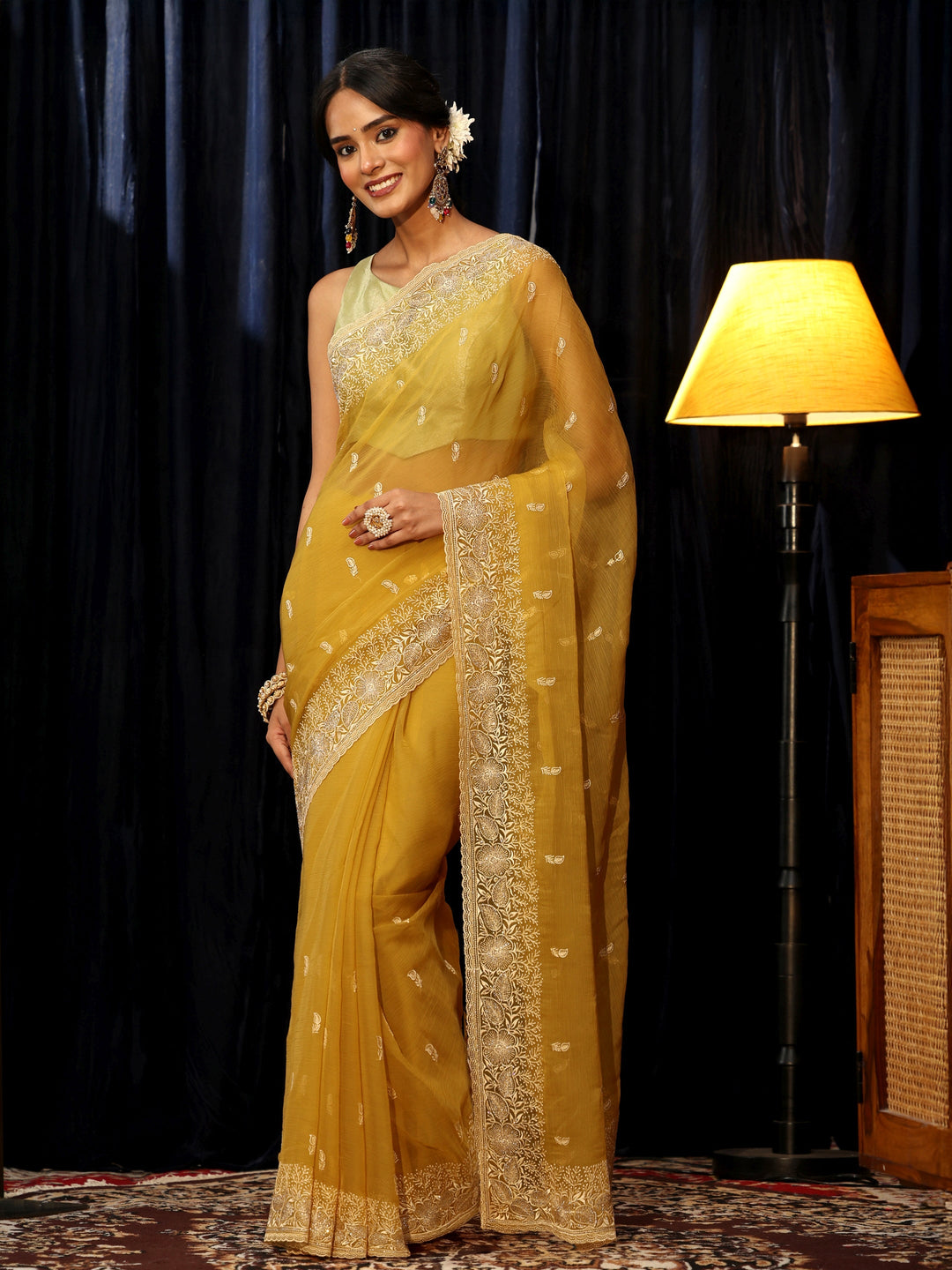  Mustard Chiffon Saree with Floral Border 