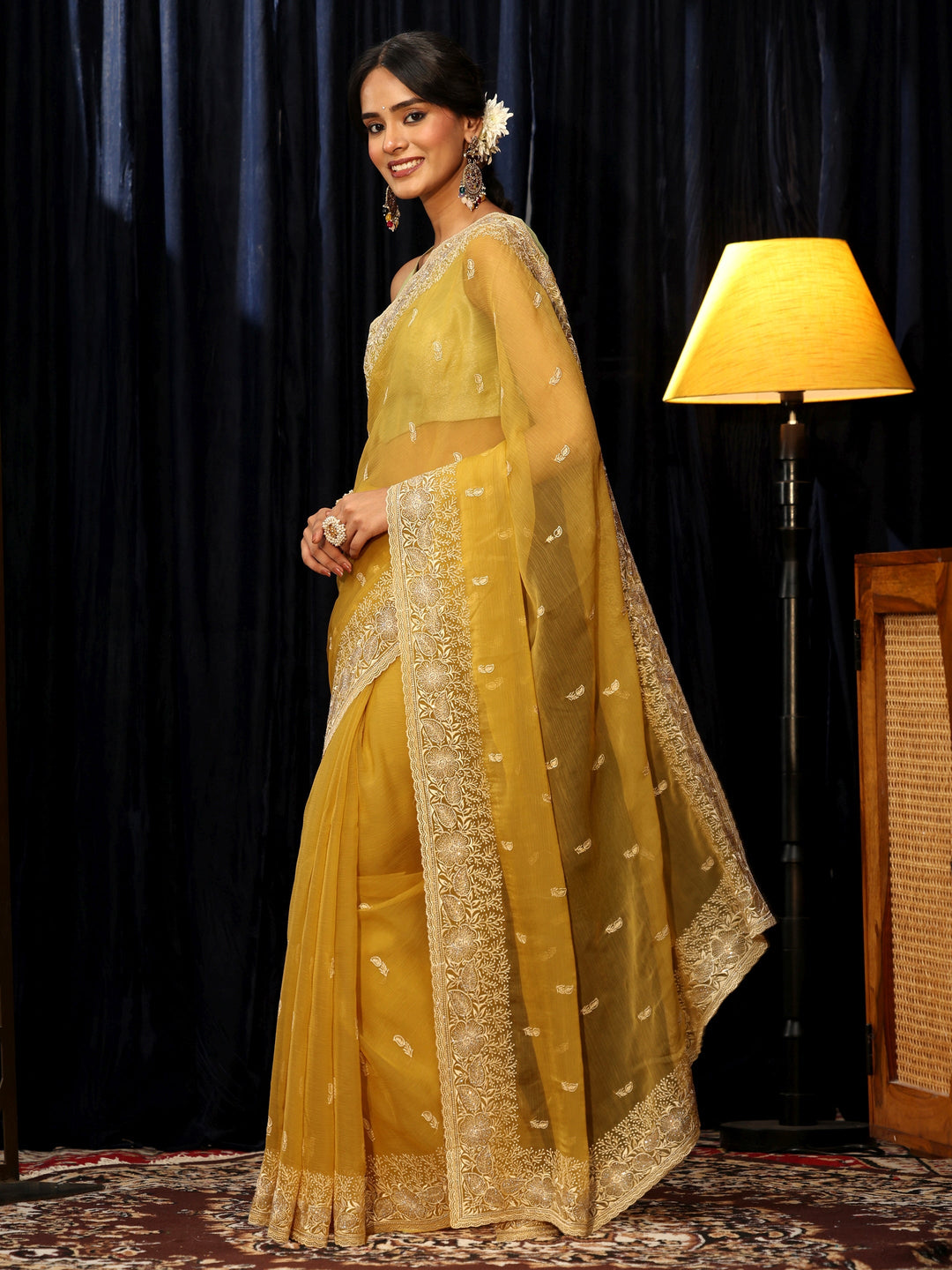  Mustard Chiffon Saree with Floral Border 