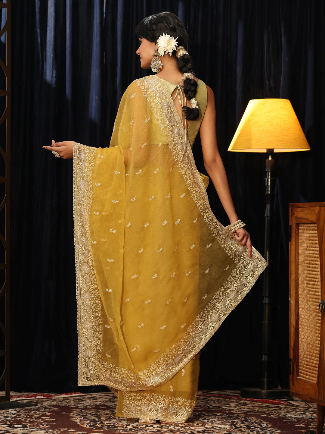  Mustard Chiffon Saree with Floral Border 